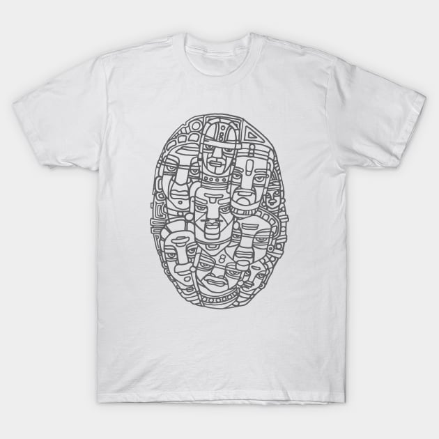 Faces and Expressions Pen and Ink Drawing Composition of Simplistic Tribal Faces T-Shirt by GeeTee